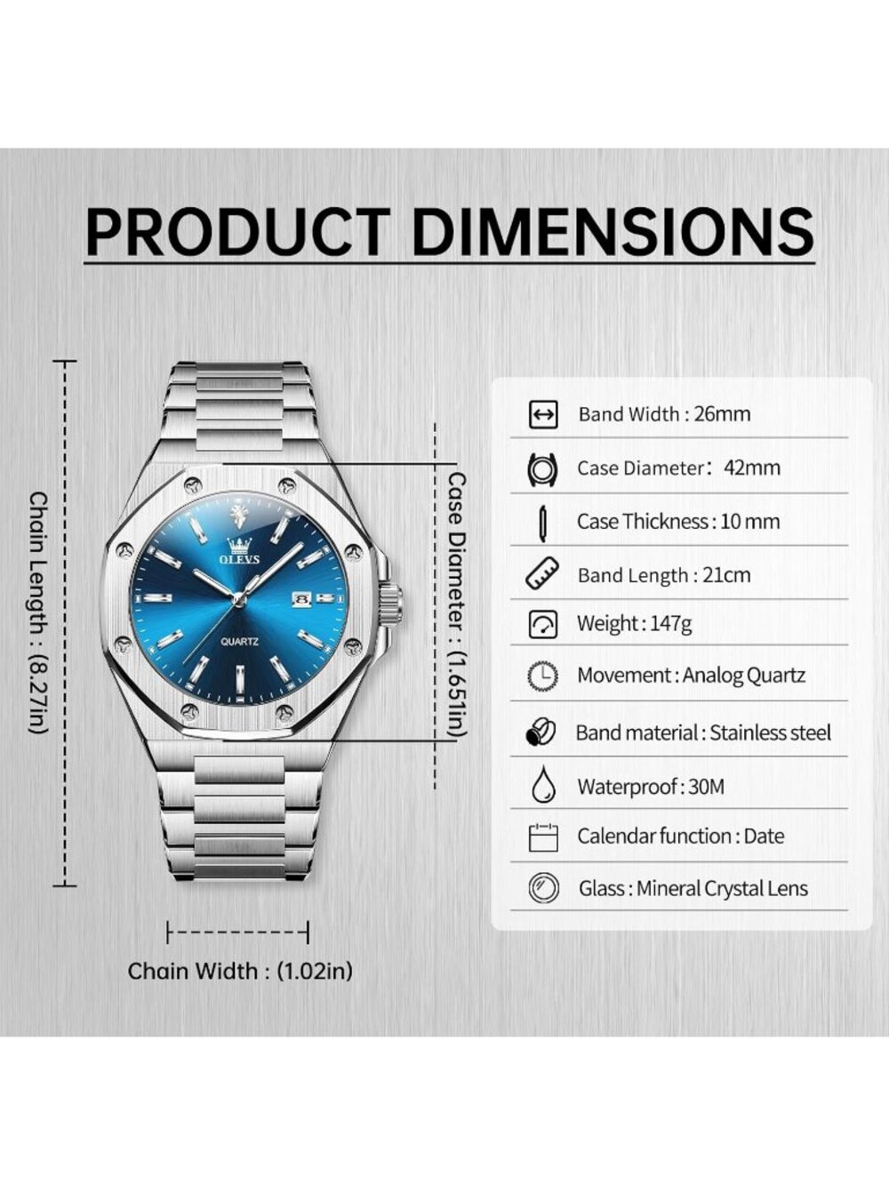 Men's Silver Blue Luxury Stainless Steel Octagon Analog Quartz Waterproof Watch - Picture 5 of 6